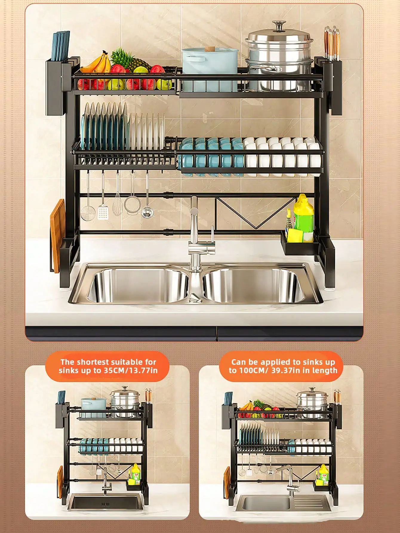 Expandable 2-Tier Stainless Steel Sink Dish Rack with Cutlery & Chopstick Holders 5