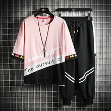 

Men's Sport Suit Summer Thin2022New Short SleeveTT-shirt Loose Tappered Casual Long Pants