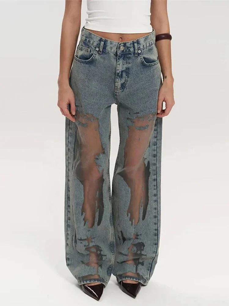 Y2k Cut-out Gradient Woman's Denim Pants Mesh Patchwork Low Rise Jeans for Women Baggy Wide Leg Dragging Vintage Denim Trousers 1