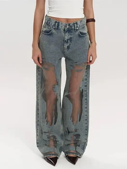 Y2k Cut-out Gradient Woman's Denim Pants Mesh Patchwork Low Rise Jeans for Women Baggy Wide Leg Dragging Vintage Denim Trousers 1