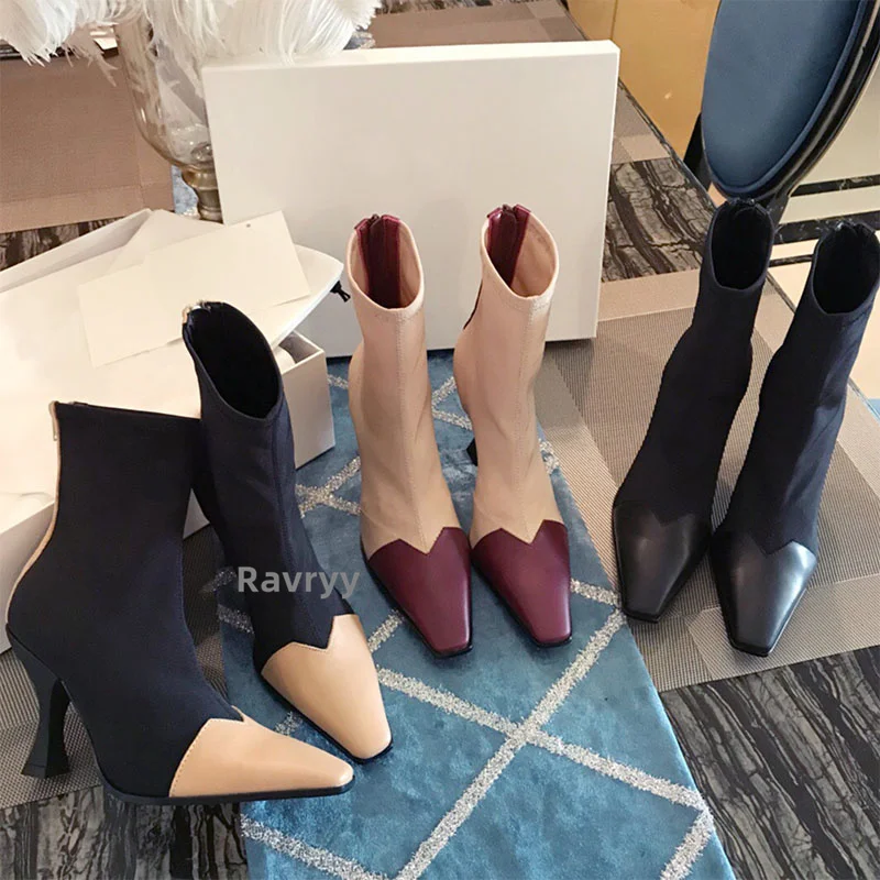 

New Splice Square Head Stretch Boots Thin Heels Winter Concise Boots European American Genuine Leather High Heels Short Boots
