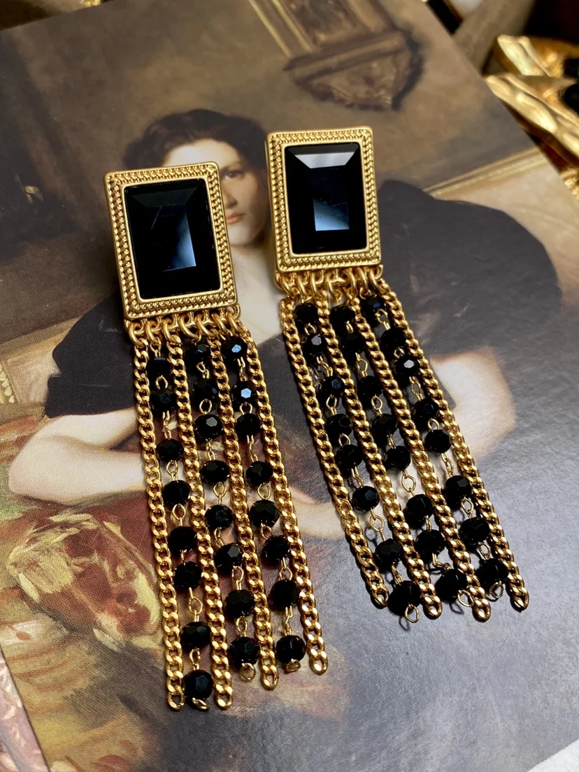 

New black crystal Square gem stones tassel handmade long earrings for women
