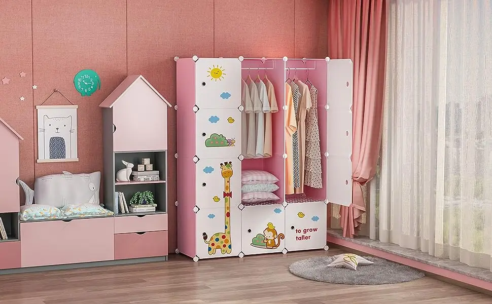 Description Picture 2 of itemKids Wardrobe Baby Dresser Children Bedroom Armoire Clothes Hanging Closet Animal Cartoon 6 Cubes Guarda Roupas Storage Cabinet