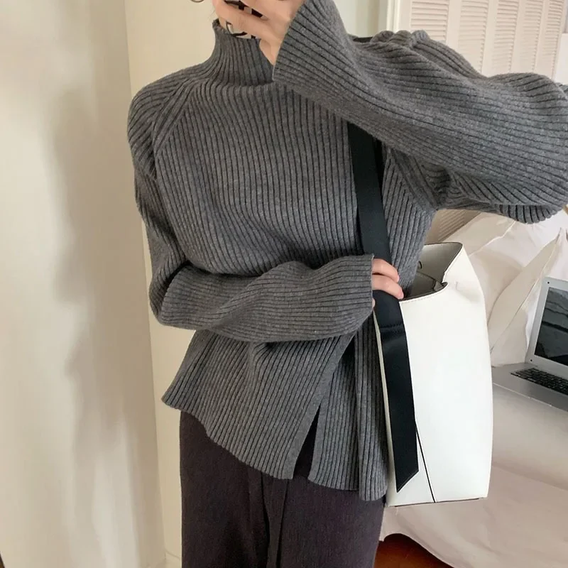 

Пуловер с высоким воротником, Женский Повседневный шикарный мягкий однотонный вязаный свитер, женская зимняя Корейская Свободная трикотажная одежда с длинными рукавами, 2023