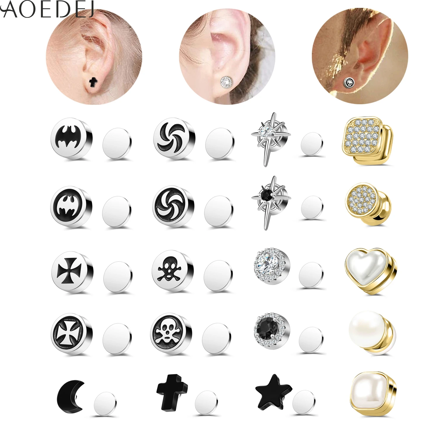 

AOEDEJ 1 Pair Silver Color Magnet Clip Earrings For Women Men Cross Square Heart Ear Clips Zircon No Piercing Earring Jewelry