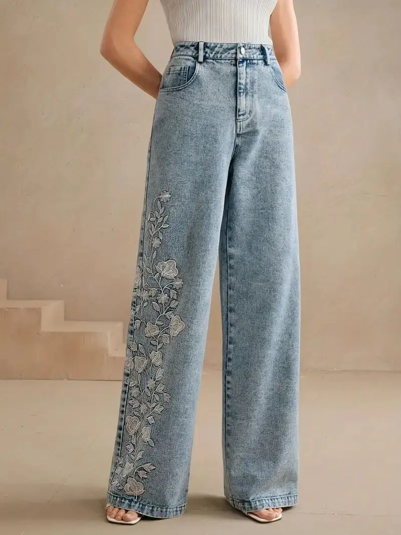 Y2k Pants New 2025 Trend Jeans for Woman Plus Size Comfort Stretch Washed Denim Embroidery Design Fashion Straight Leg