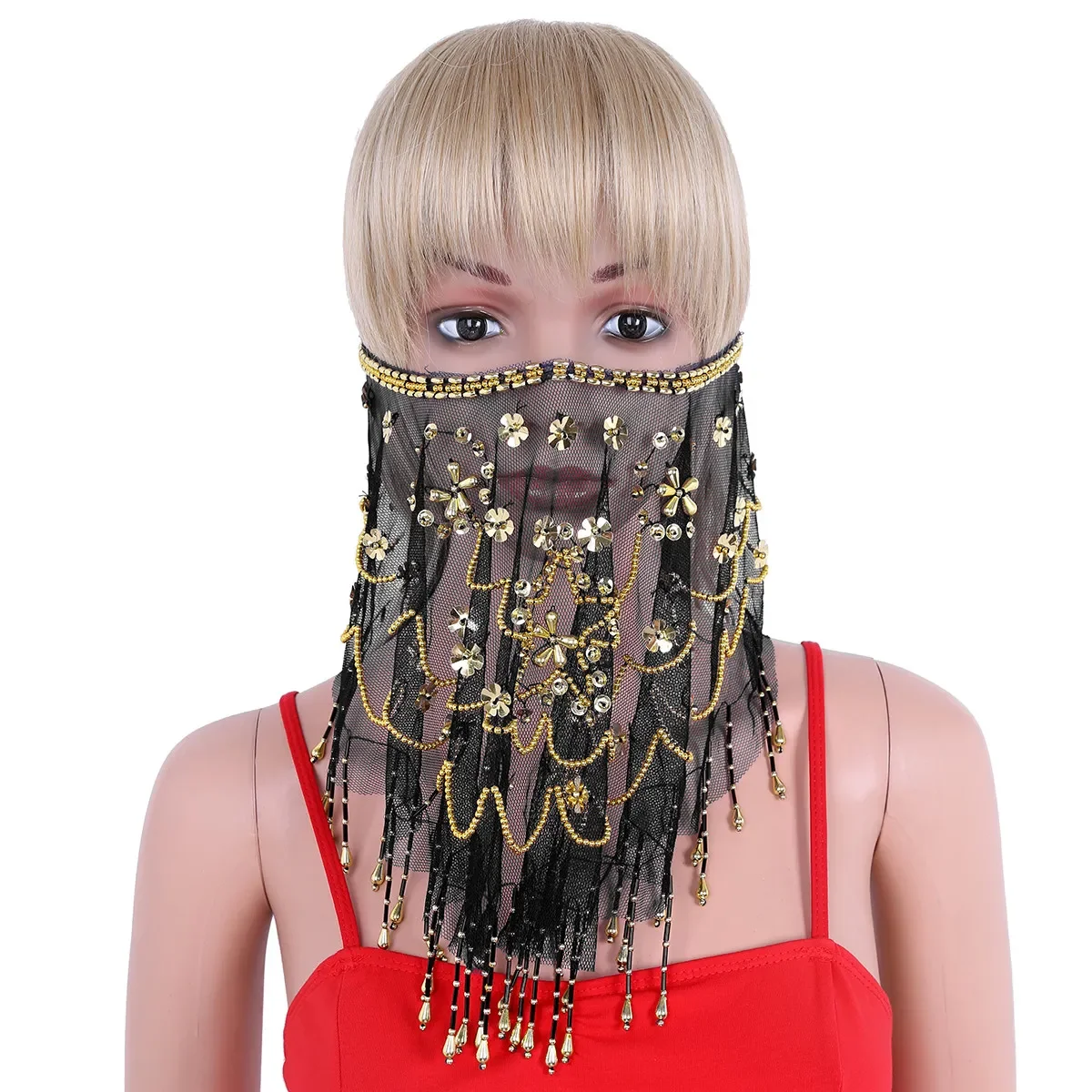 

Womens Indian Belly Dance Tribal Face Veil Mesh See Through Sheer Dancing Veils with Beads Tassels Halloween Costume Accessory