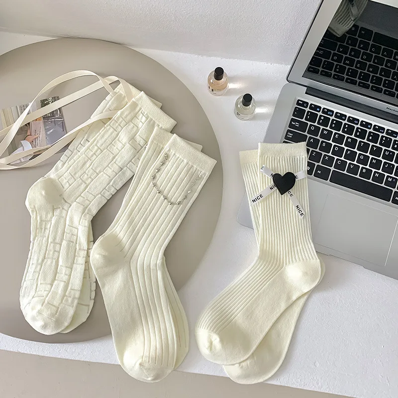 

JK Lolita Woman Sock Japanese for Women Socks Casual Kawaii Fashion Heart Solid Color White Sox Cotton Spring Summer Stockings