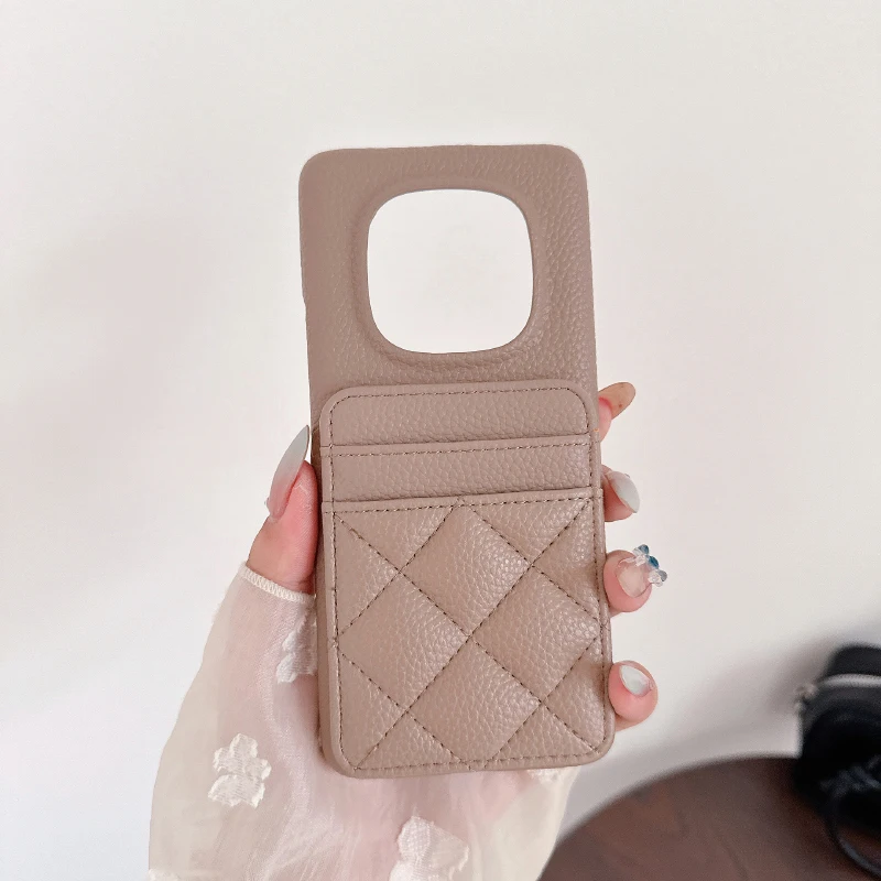 Lingge Leather Card Slot Wallet Phone Case - Solid Color Design