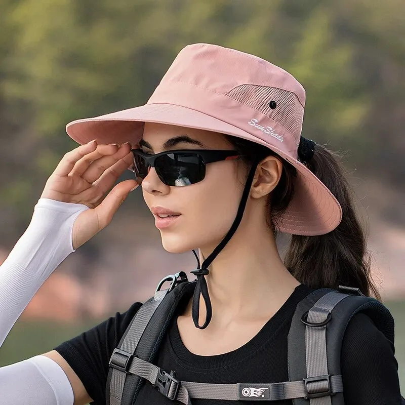 Xinbaoguan 100% 폴리에스터 여름 야외 태양 모자, 통기성 태양 모자, 접이식 태양 모자, 여성 포니테일 구멍 어부 모자