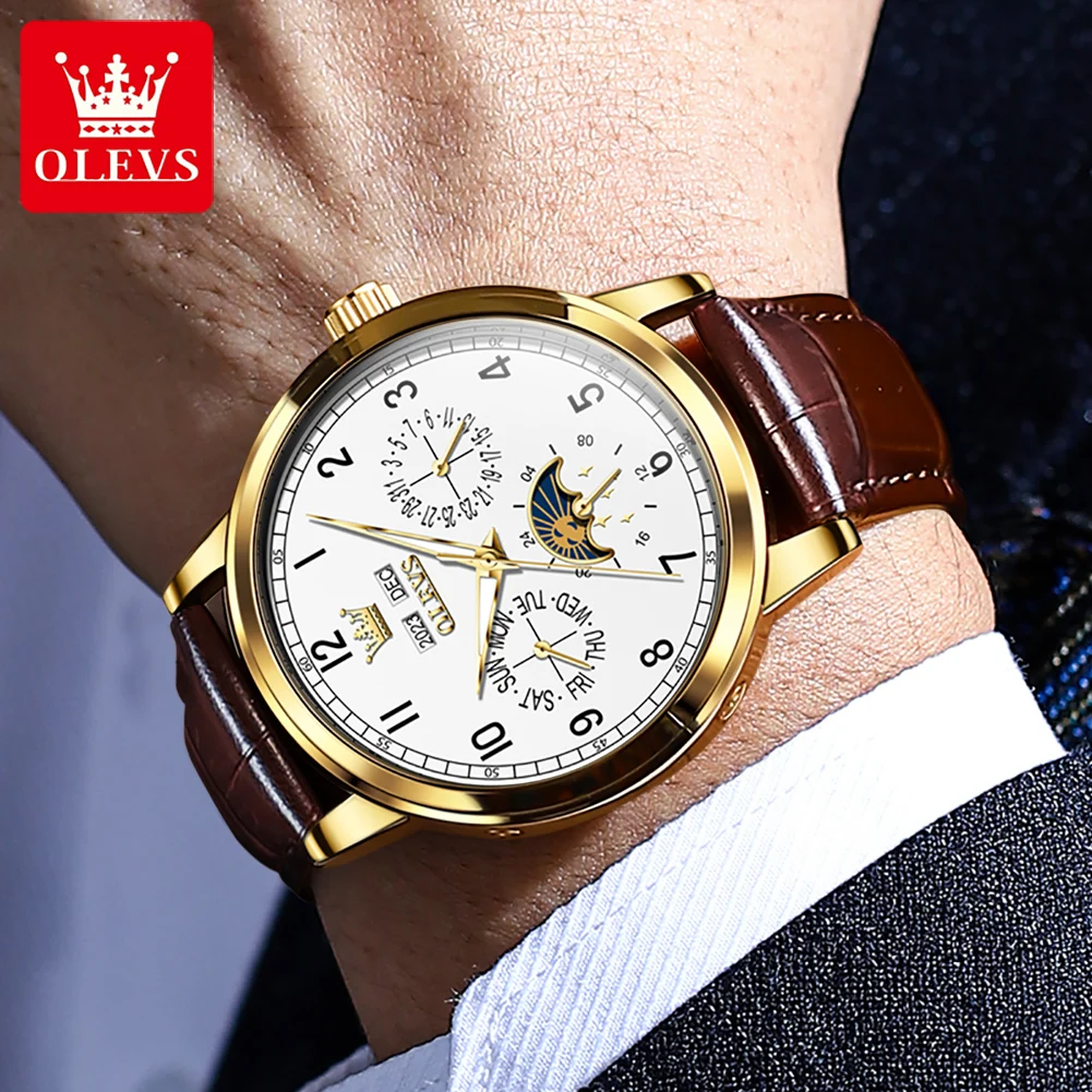 OLEVS 6698 Automatic Watch Men Moonswatch Mechanical Man Wristwatch Number Scale Waterproof Watch For Men Week Date Display