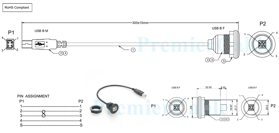 USB Typ B Stecker auf Buchse Verlängerungskabel Rundes Einbau-USB-B-Konverter-Verlängerungskabel für Drucker, Scanner – Detail 6