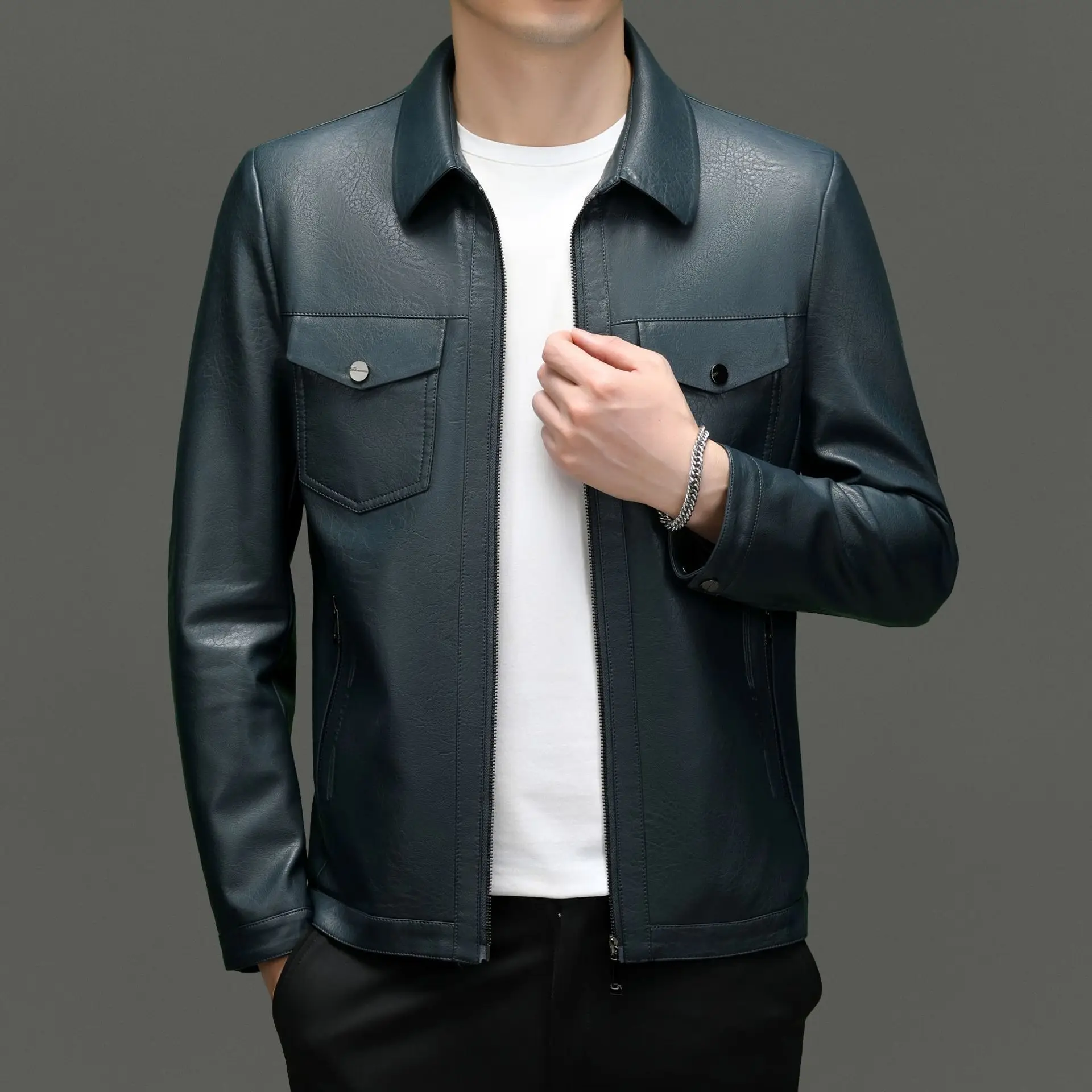 

2388 Autumn and Winter Clothing Sheepskin Leather Coat Short Flip Collar Middle aged Men's Slim Fit Jacket