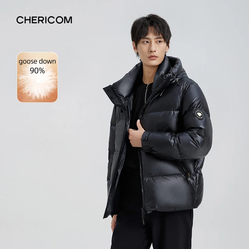 Chericom Men's Winter Down Jacket Short Hooded Goose Down Thick Warm Puffer Coat Solid Zipper Pocket Design Padded Jacket 299630