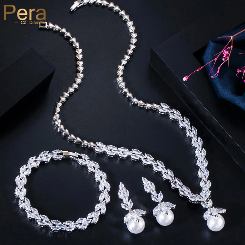 

Pera Gorgeous 3pcs Jewelry Sets White Cubic Zirconia Long Drop Earrings and Necklace for Bridal Wedding Costume Accessories J231