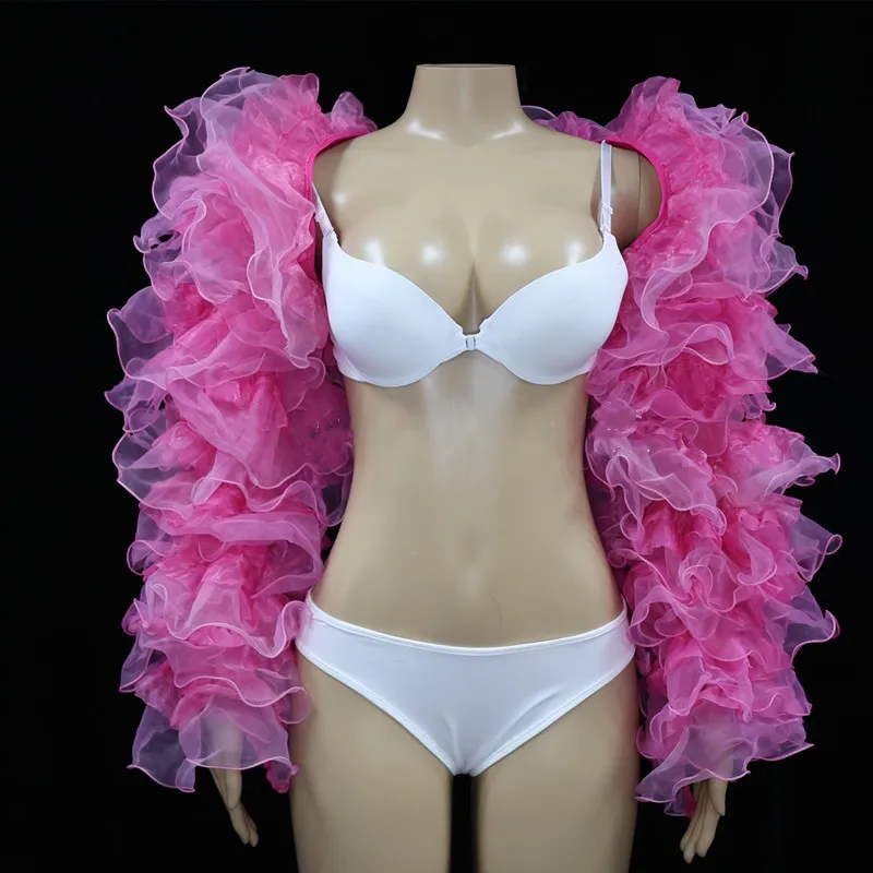 

Women Singer Dancer Nightclub Costume Gauze Mesh Shawl Shoulder DJ Jazz Dance Stage Performance Accessories Bubble Sleeves Vest