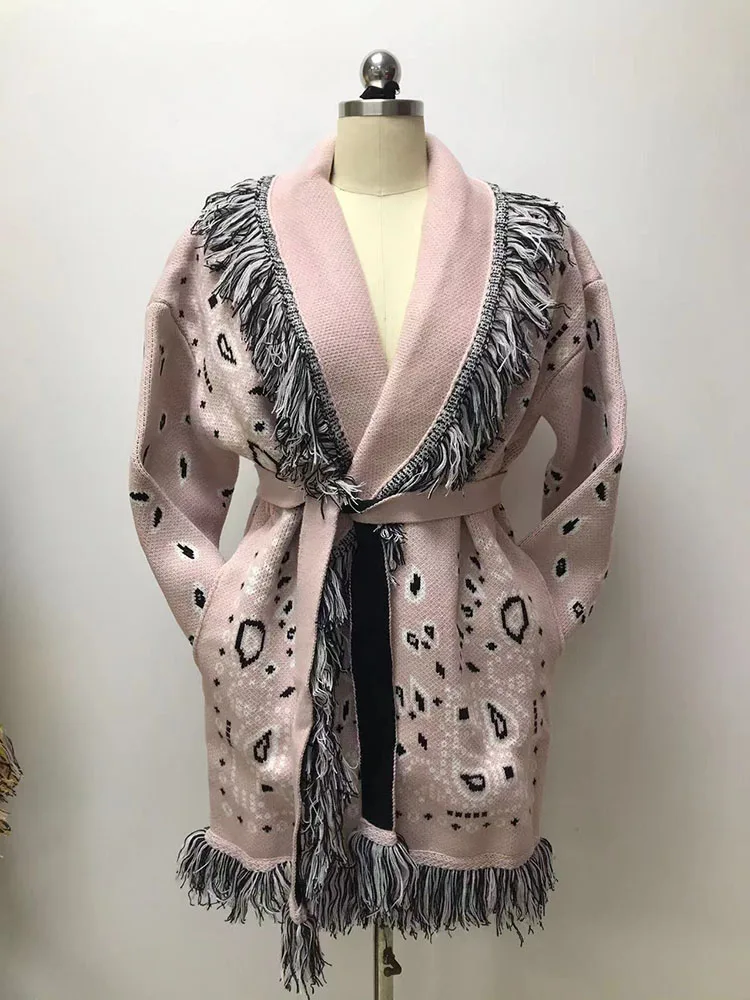 

WQJGR High Quality Jacquard Cardigan Sweater Women Kniited Tassel Loose Full Sleeve Wool Cashmere Fashion Autumn Winter