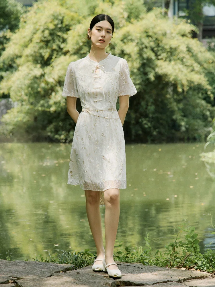 DUSHU Summer Floral Dress New Chinese Style Women Stand Collar Short Sleeve Knee-Length Dress Cheongsam Dresses 24DS82680