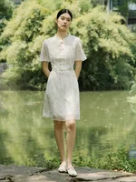 DUSHU Summer Floral Dress New Chinese Style Women Stand Collar Short Sleeve Knee-Length Dress Cheongsam Dresses 24DS82680