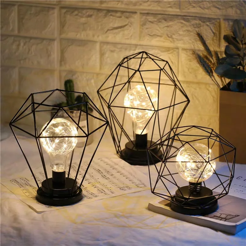 

Iron Art Bird Cage Light LED Table Lamps Birdcage Night Light Retro Diamond Hollow Lamp for Home Bedroom Gift Decor