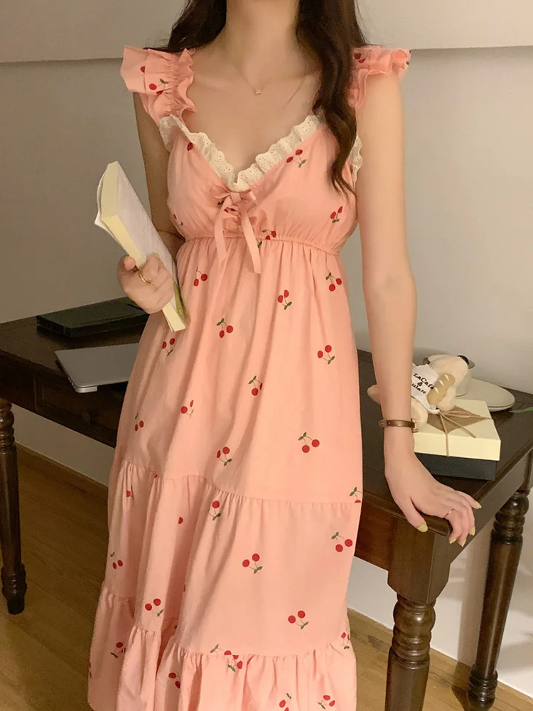 Cherry New Soft Home Pink Sleeveless Korean NightDress Women V-Neck Elegant Kawaii Printing Summer Sexy Sweet Princess Loose Ins