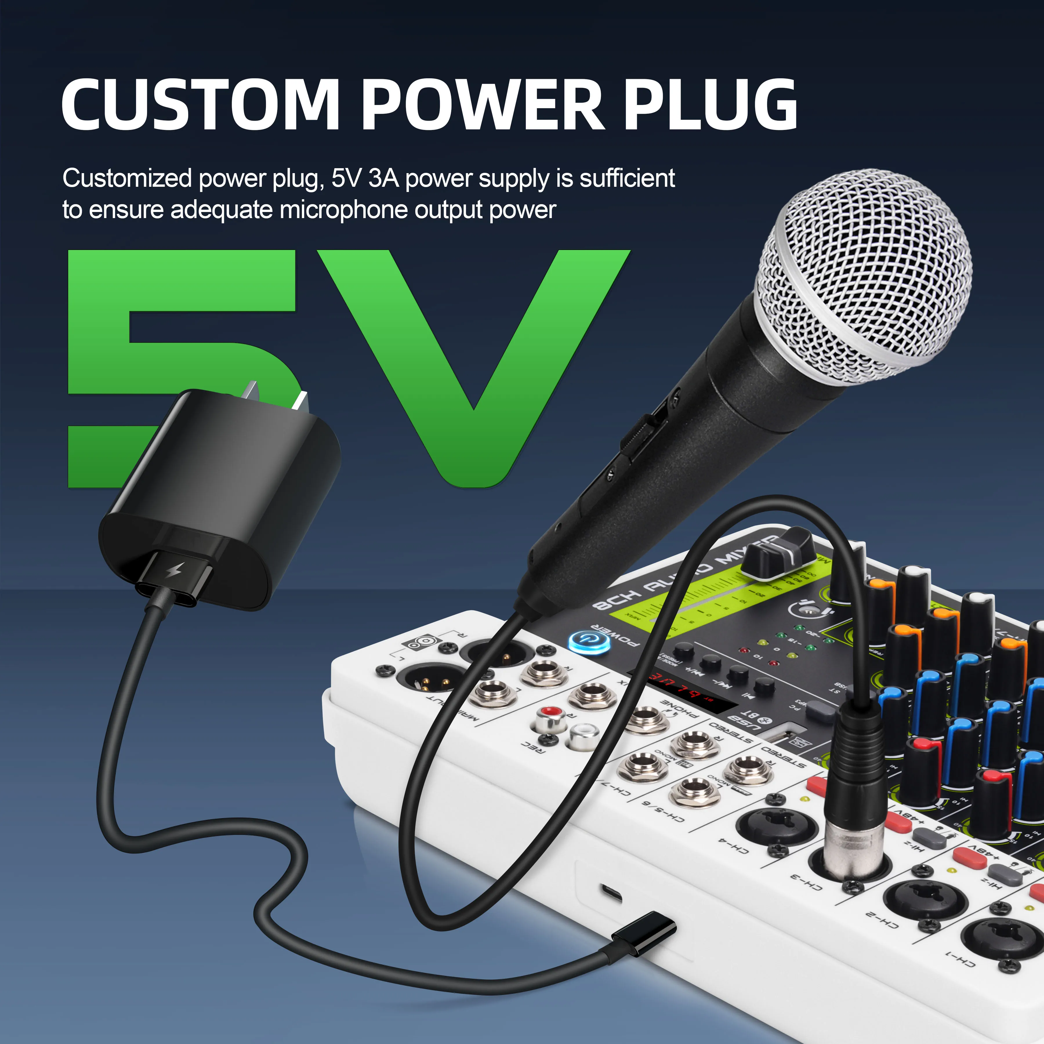 블루투스 5.0 및 USB 팬텀 파워를 갖춘 Debra V4/V8 오디오 믹서, 딜레이 리플레이 효과가 있는 PC 녹음용 DJ 믹서