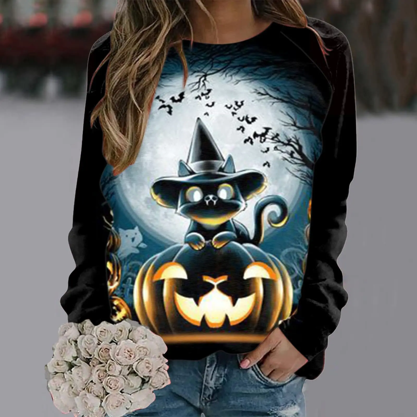 

Long Sleeve Top New Color Matching Women's Clothing 3d Stereo Printing Women's Halloween Pumpkin Castle Dark Pattern Sweater