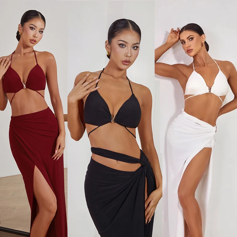 

3 Colors Women'S Latin Dance Costumes Sexy Halter Latin Top Practice Slit Skirt Chacha Rumba Samba Dancing Clothing SL10178