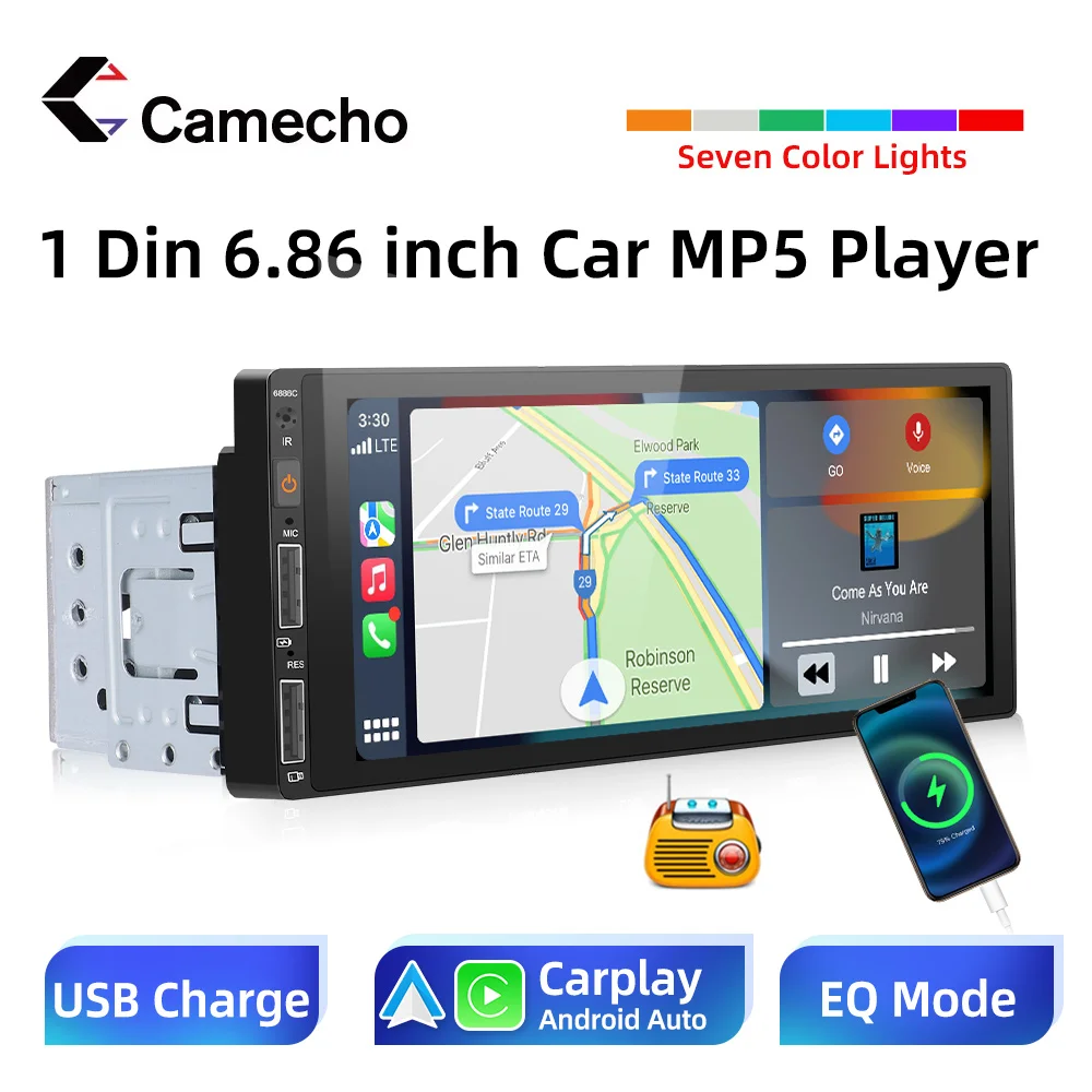 

Camecho 1 Din 6,86 "HD беспроводной Carplay и Android автомобильный mp5-плеер, Bluetooth, FM-радиоприемник, поддержка USB, камера заднего вида