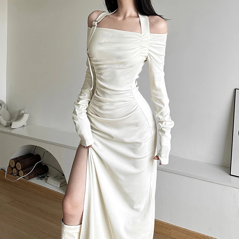 y2k Wasteland Dress Women Grunge Solid Color Long Sleeve High Split Halter Bodycon Dresses 2000s Party Dresses Clubwear