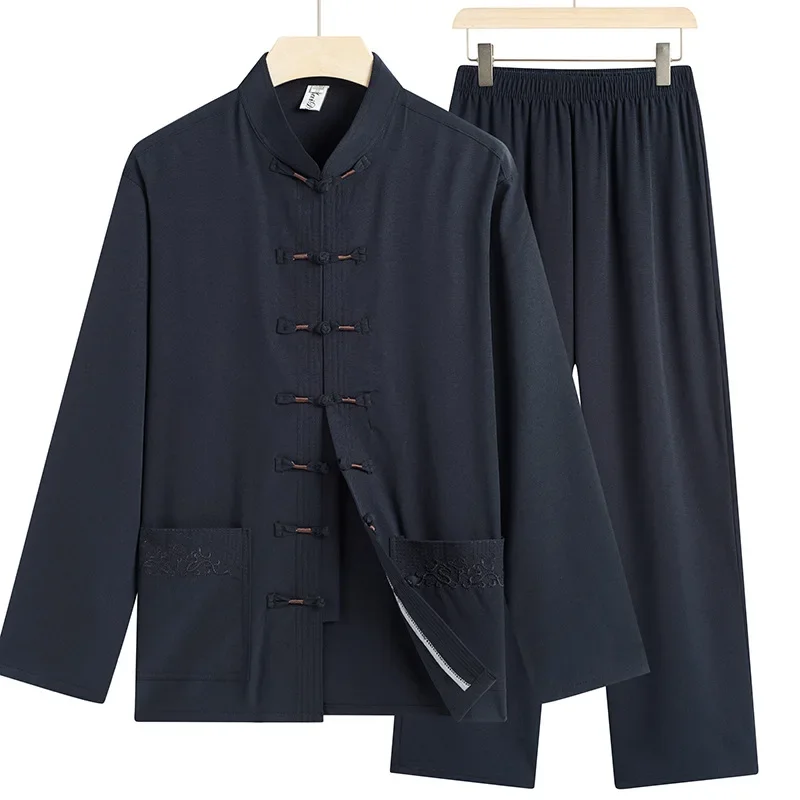 Autumn Solid Color Loose-fit Tang Suit For Middle-aged Elderly Men Casual Daily Wear Morning Exercise Outfit mens tang suit