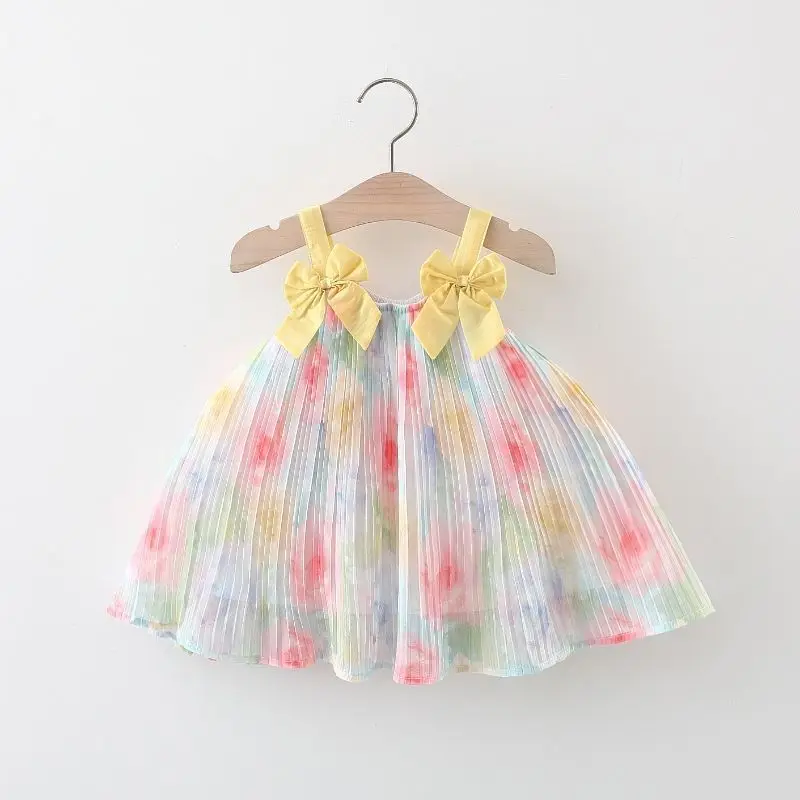 

2024 Summer New Girls Color Patchwork Sling Bow Floral Fashion Chic Sweet Loose Casual Midi Bohemian Backless Fairy Dress