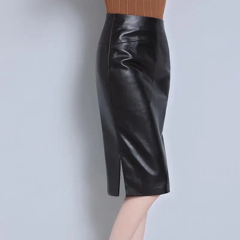 Women 2023 Autumn Winter Sheepskin Skirt Genuine Leather Midi Skirt Female High Waist Split Package Hip Skirt  4XL H167