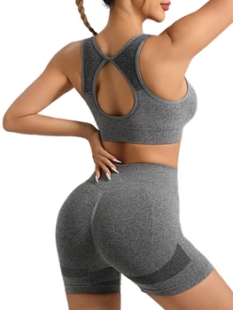 Women Workout Sets 2 Piece Stretchy Sports Bra and High Waisted Seamless Workout Shorts Sets Gym Clothes 4