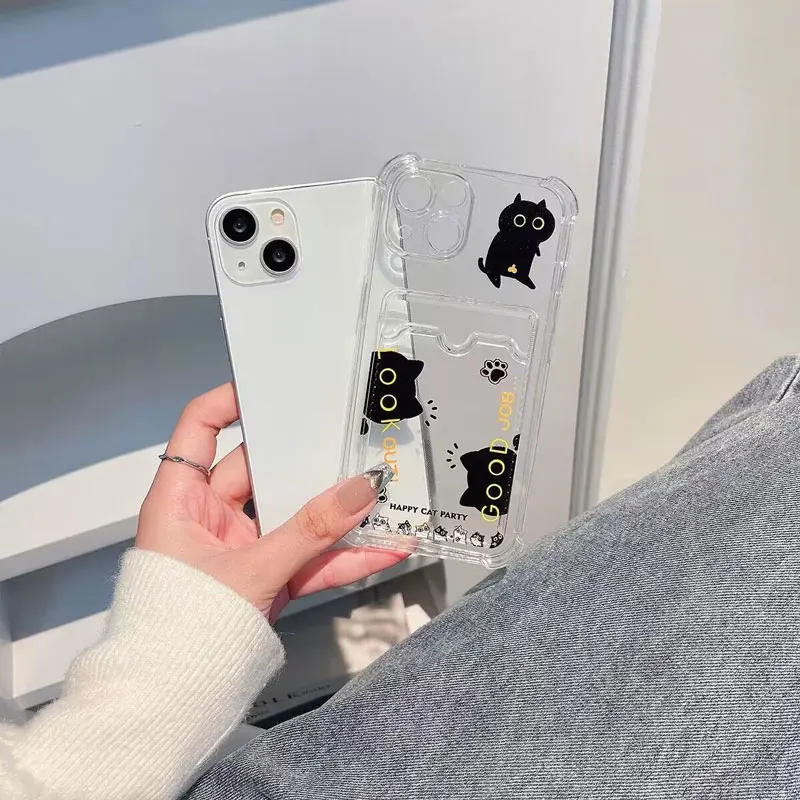Charming Black Cat Design Shockproof Transparent Phone Case with Card Pocket
