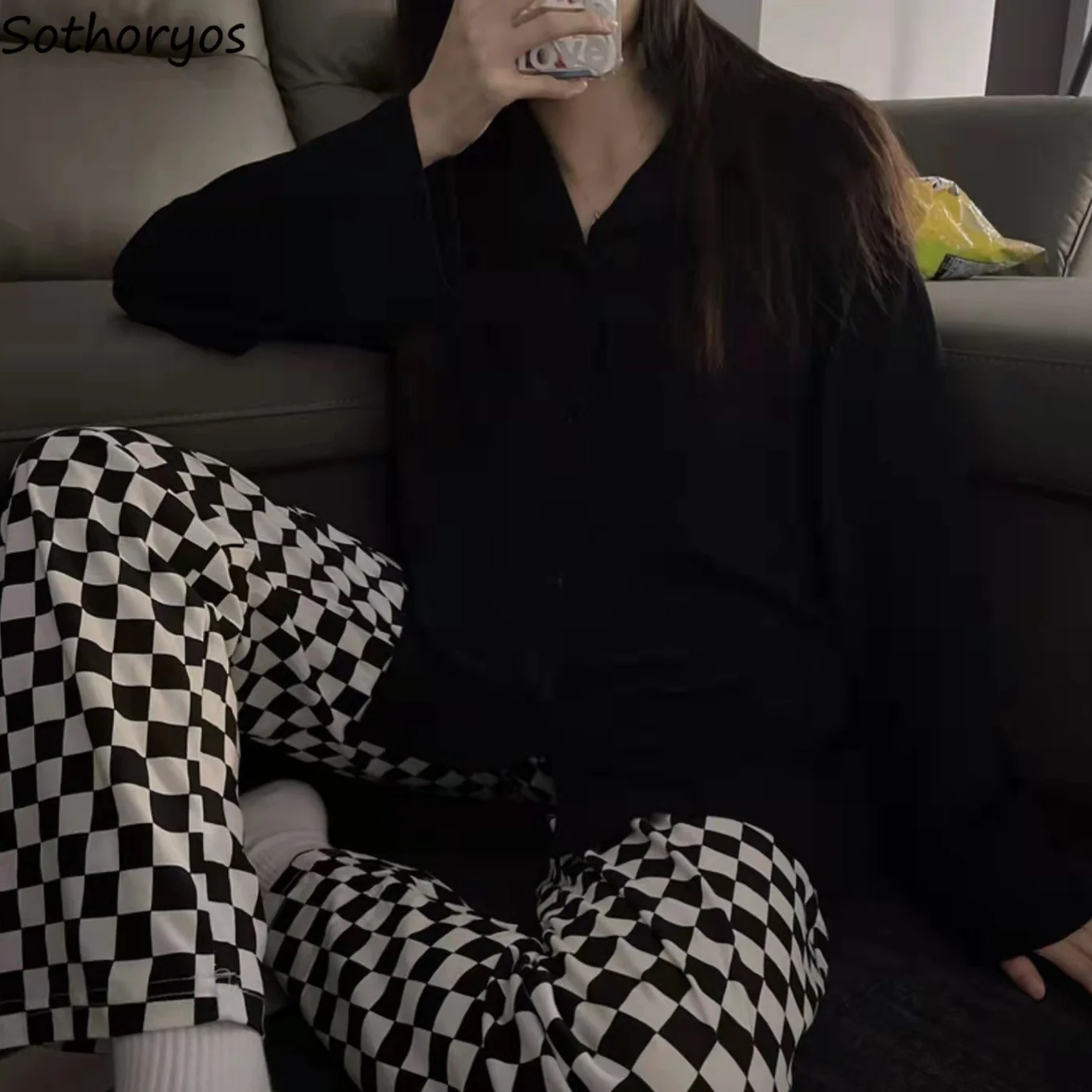 

Пижамные комплекты для женщин Ulzzang крутая свободная одежда для сна унисекс для пар модная Осенняя домашняя одежда для отдыха в клетку шикарная Молодежная простая с длинным рукавом
