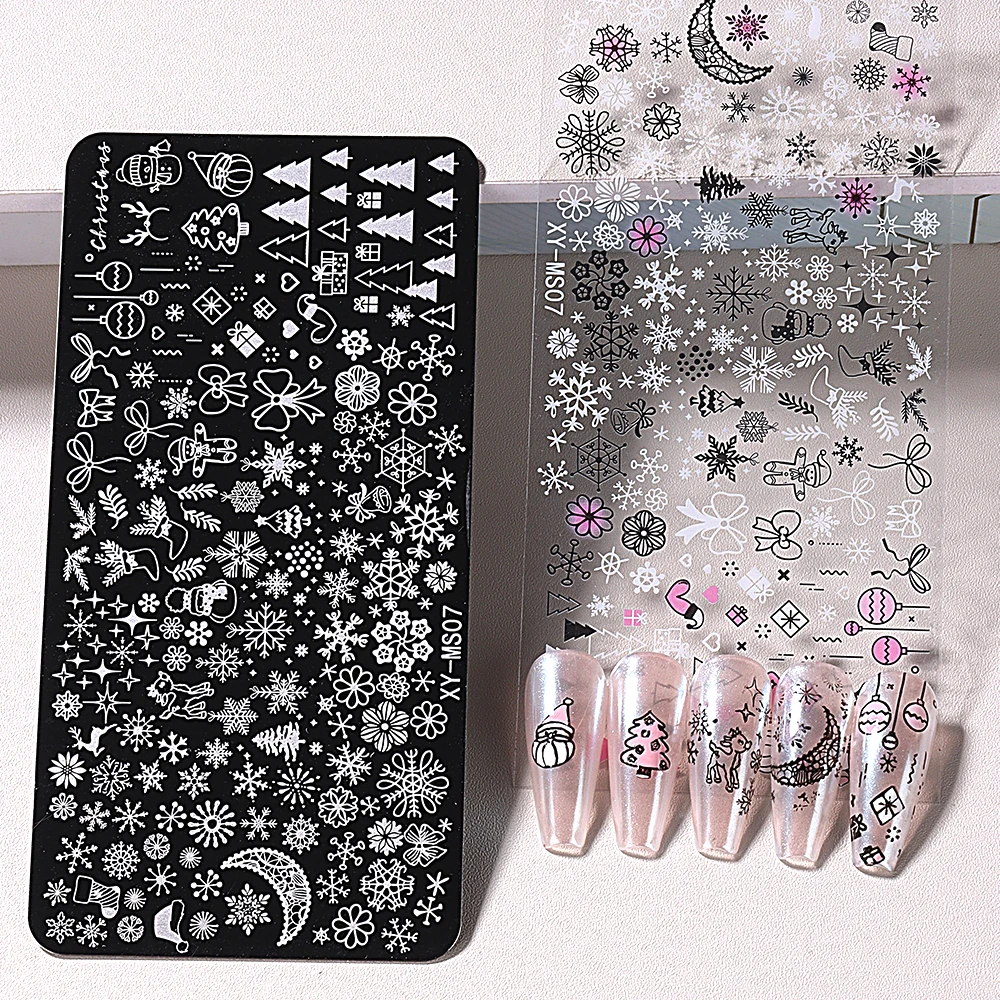 12pcs 크리스마스 네일 스탬핑 플레이트 크리스마스 눈송이 엘크 활 프랑스어 패턴 인쇄 스텐실 템플릿 스탬프 플레이트 매니큐어 도구