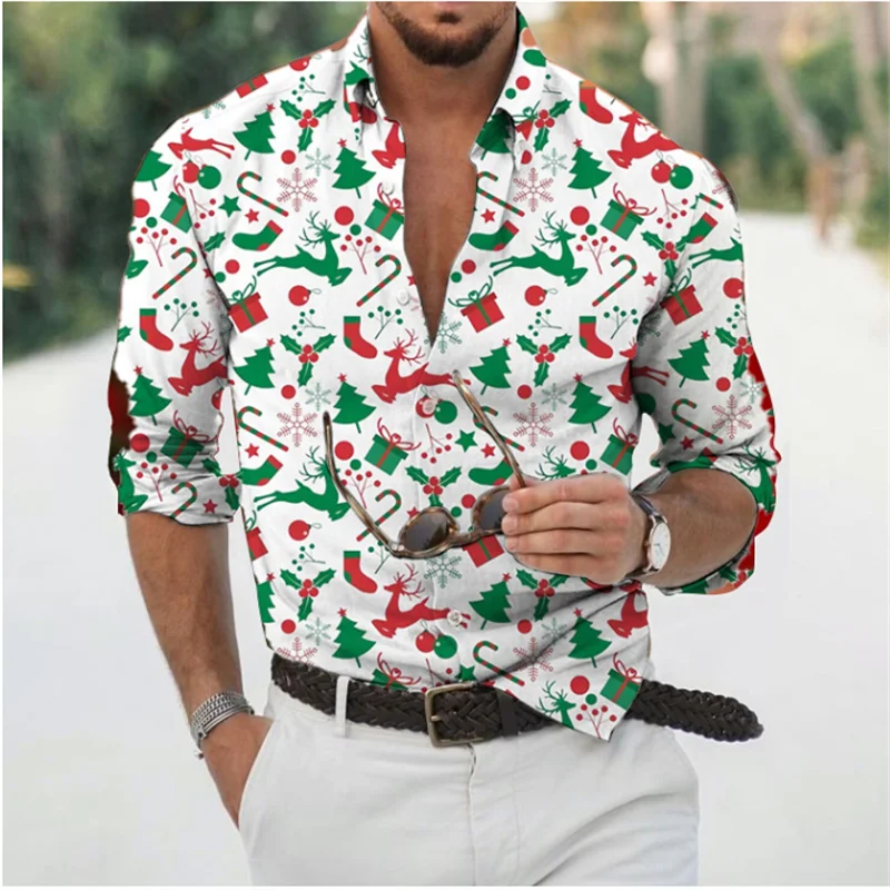 Fun Christmas Snowman Theme 3D Printed Men's Shirts Casual Long