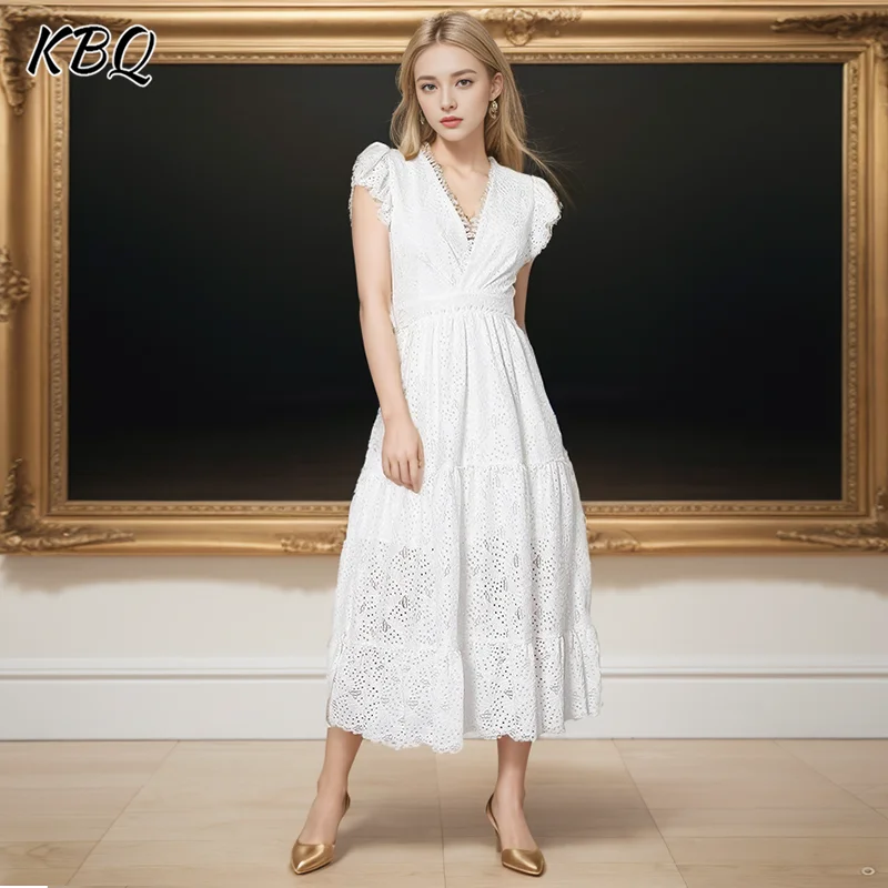 

KBQ Elegant Hollow Out Solid Dresses For Women V Neck Flying Sleeve High Waist Temperament Slimming Long Dress Female Fashion