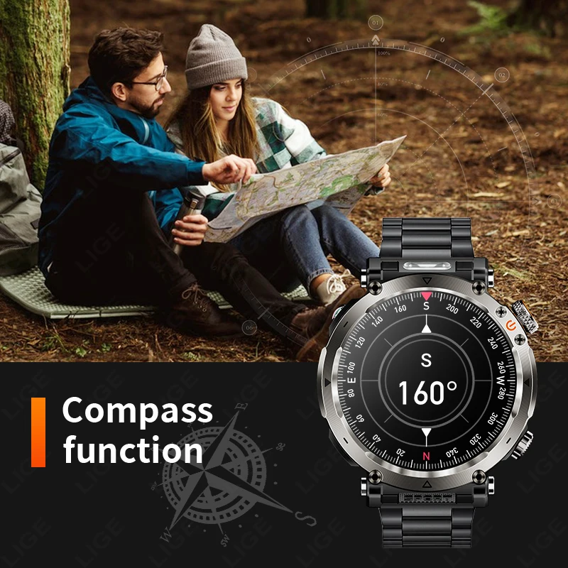 LIGE New Outdoor Flashlight Smart Watch Men 600mAh Smartwatch Bluetooth Call Heart Rate IP68 Waterproof Sports Smartwatches 2026
