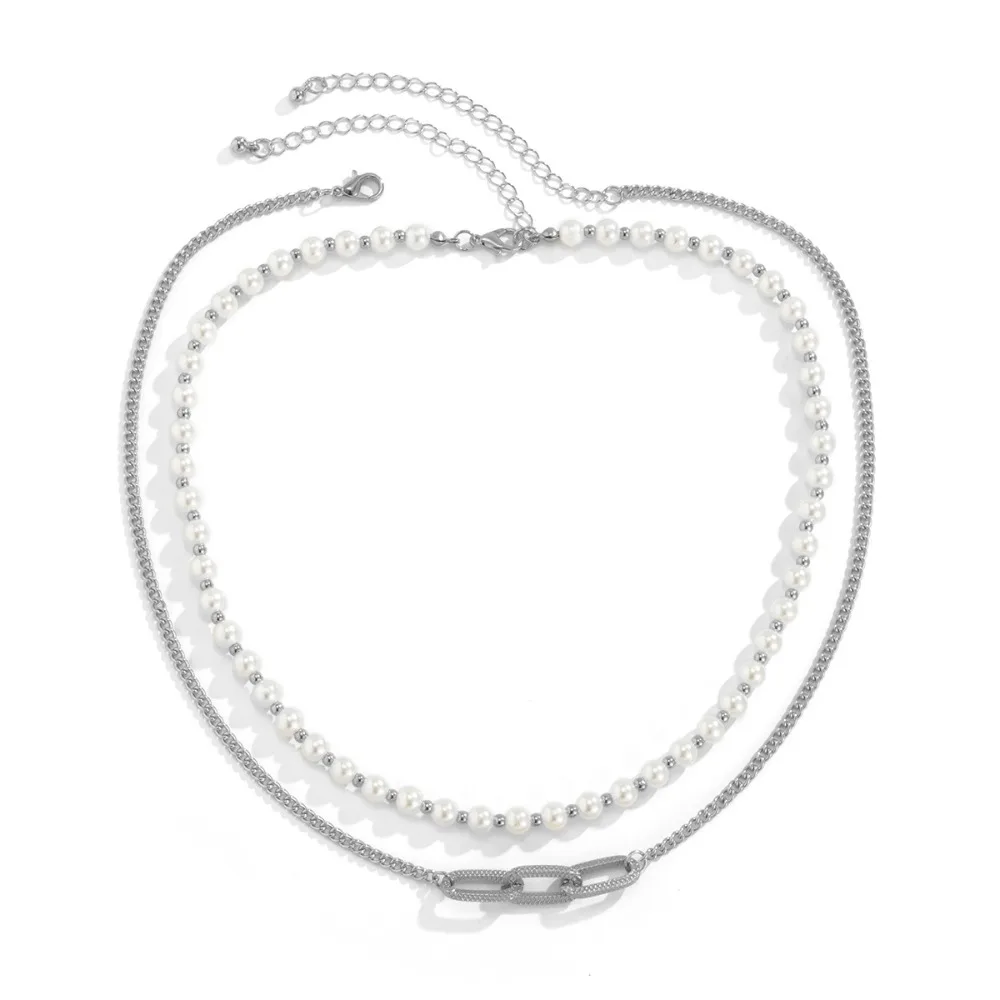 Imitation Pearl Metal Chain Necklace for Men and Women