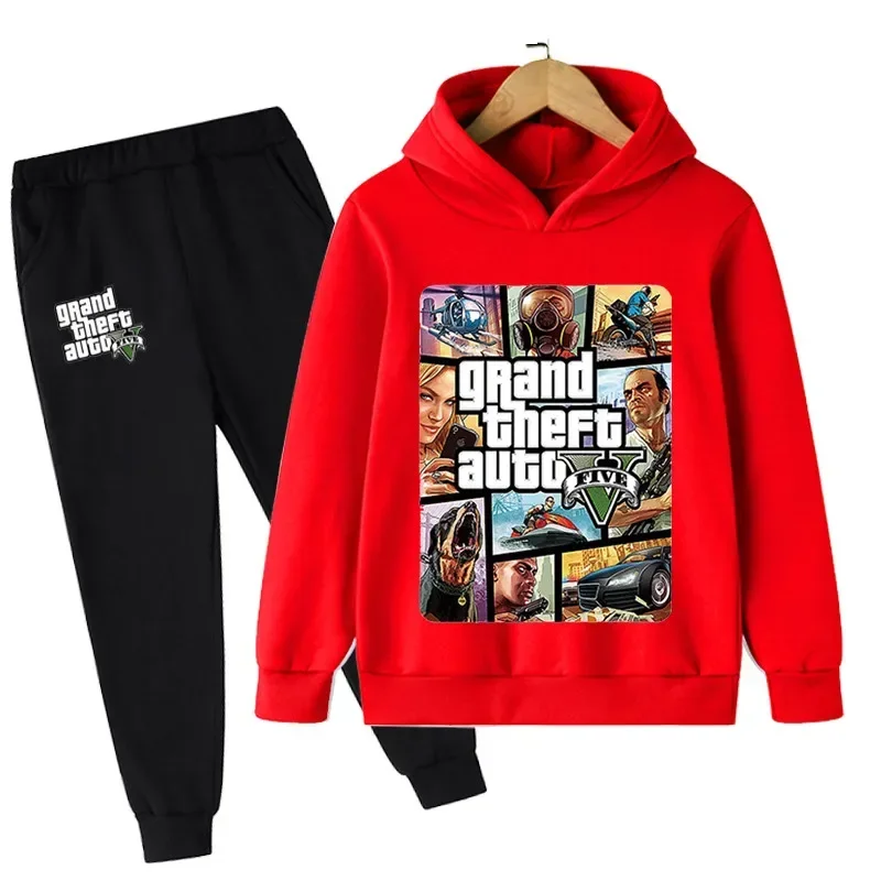 thumbnail image 1 of Conjunto de 2 piezas de sudaderas con capucha y pantalones largos de dibujos animados para niños, juego de Gta 5, ropa para niños de 4 a 14 años, chándal de otoño, 1 of 5