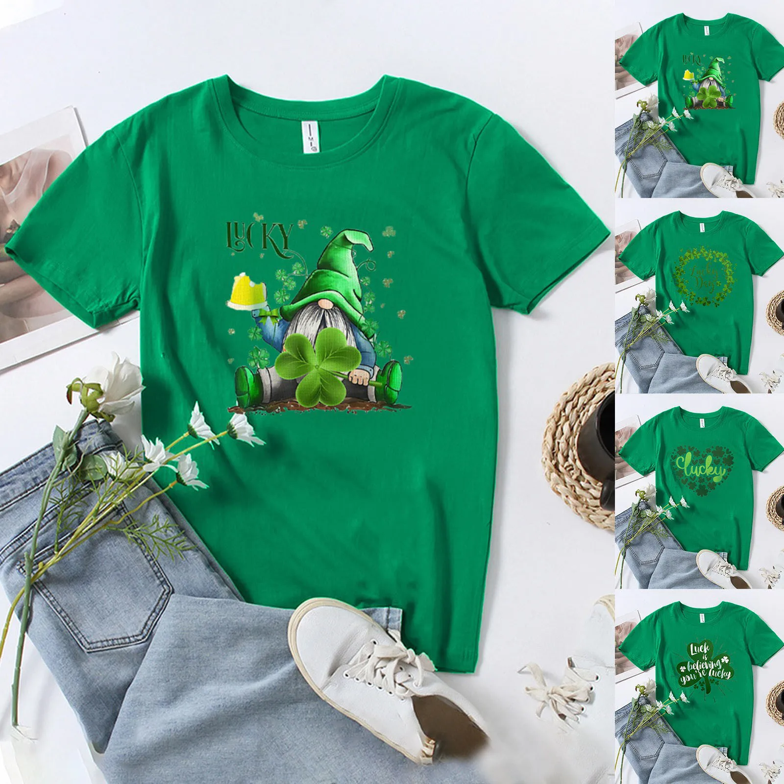 

Women's St Patricks Day Fashionable T Shirt Short Sleeved Round Neck Oversize Loose Clover Graphics Printed Casual Shirt Tops