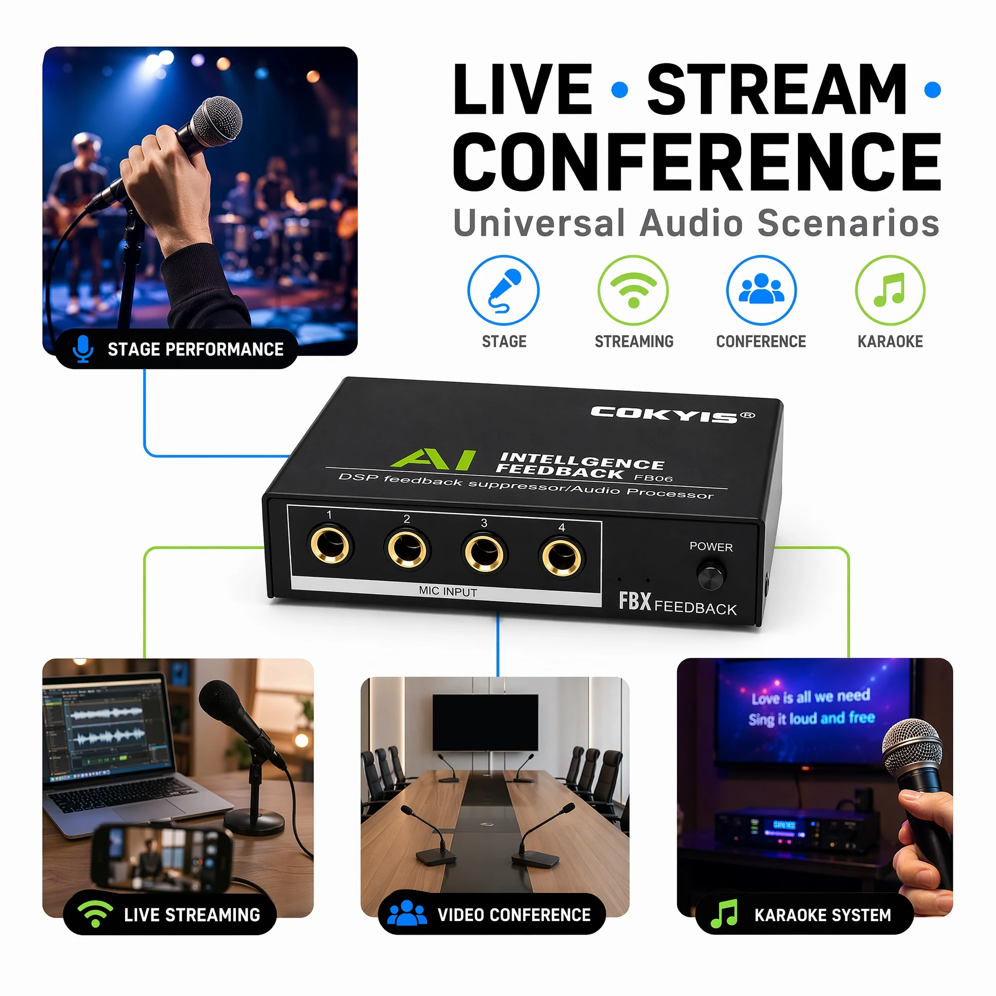 Mini Processore AI DSP Anti-Feedback per Microfono, 2 Ingressi, Controllo Guadagno a 3 Livelli, Eliminatore di Feedback Audio Ricaricabile FB06 - immagine 4