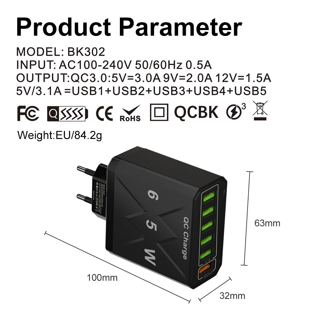 Vumpach 6-Port USB Korean Plug QC 3.0 Fast Charger Adapter