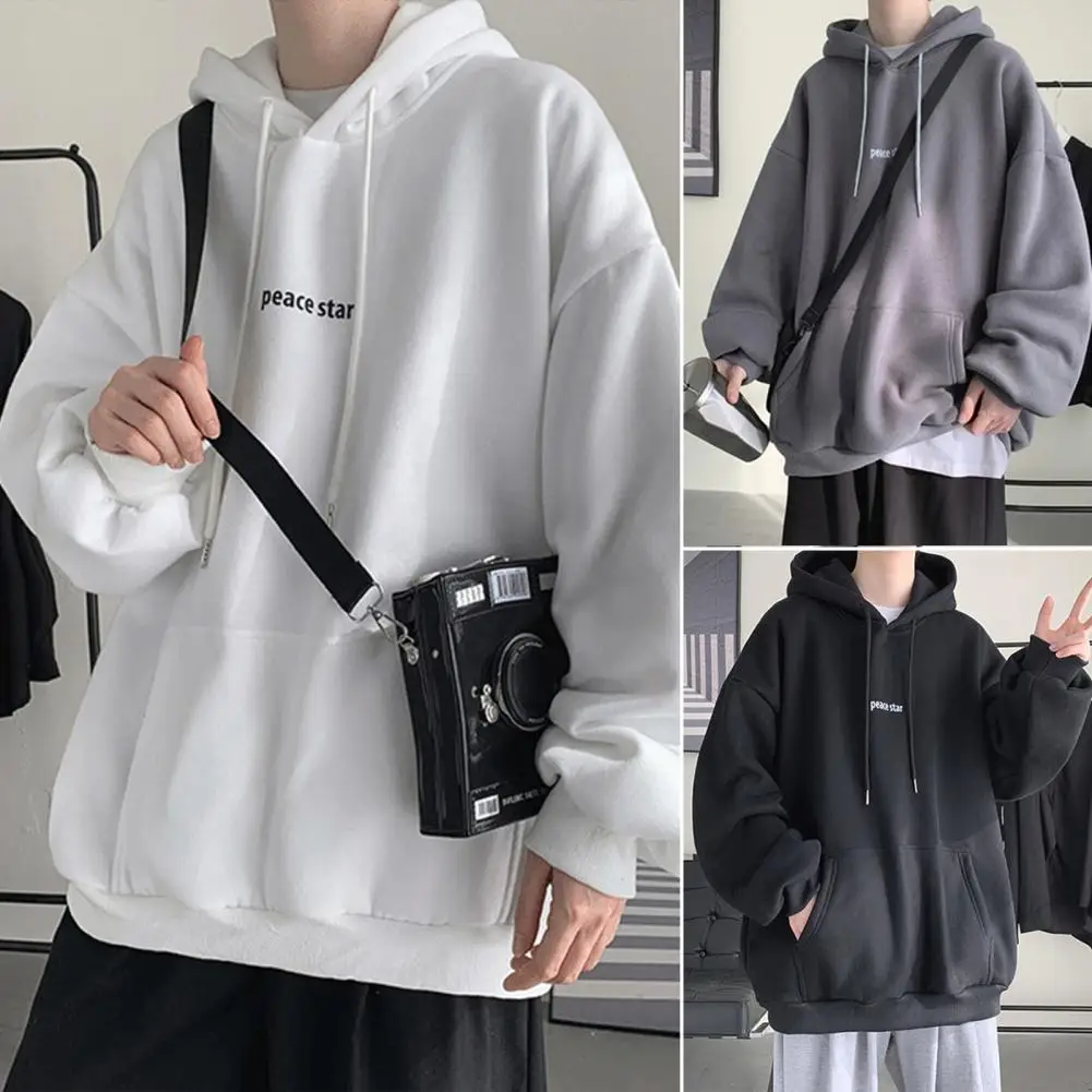 

Classic Men Sweatshirt Pocket Windproof 3D Cutting Fall Winter Letter Pattern Velvet Lining Pullover Hoodie
