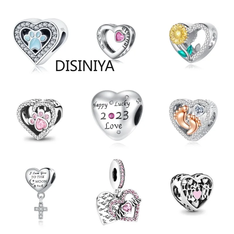 

925 Sterling Silver Heart-shape Collection Charms Cat Love Paw Footprints Charms fit for Charm Bracelet Fine Jewelry