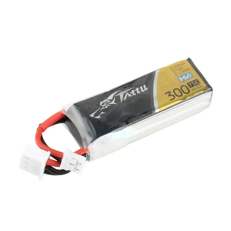 Lot de 5 batteries Lipo Tattu 300mAh 7.6V 75C 2S1P JST-PHR rangées côte à côte.