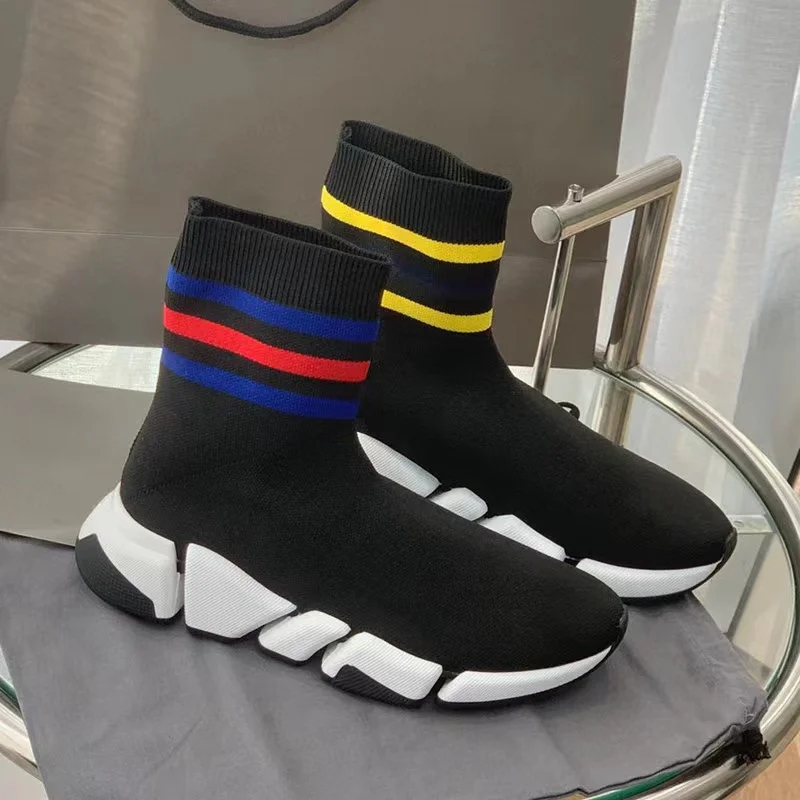 

Men Comfortable Stretch Knitted Stripe High-Top Sock Sneakers Boots Unisex Slip On Thick Toe Lightweight Sporty Ankle Boots