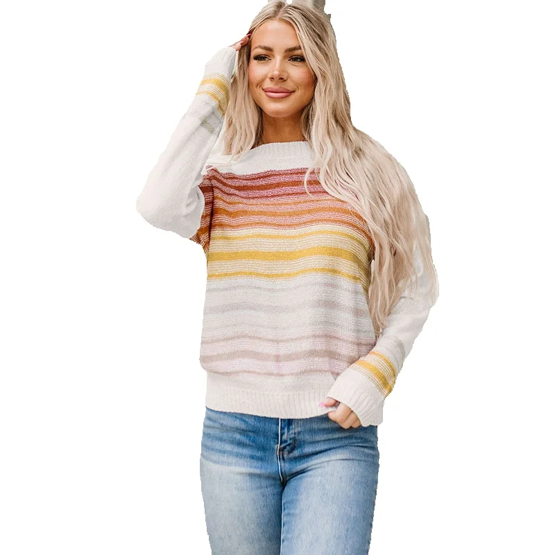 

2023 Autumn New Pullover Round Neck Sweater For Women's Casual Color Matching Stripe Printing Warm Long Sleeve Top Women